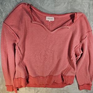 Dear John Waffle Knit Oversized Drop Shoulder Exposed Seam Vneck Henley Womens L